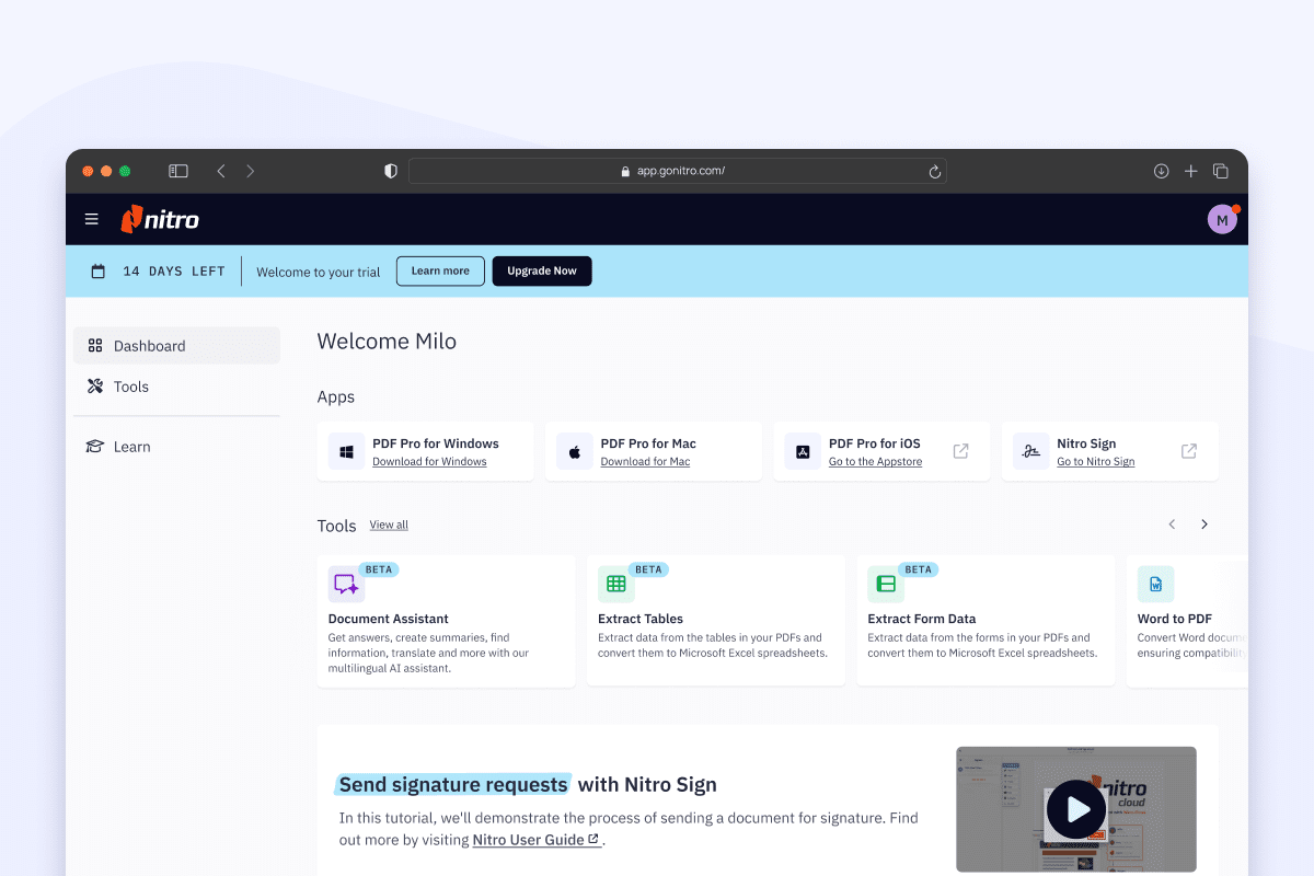Screenshoot showing the app workspace with the free trial banner